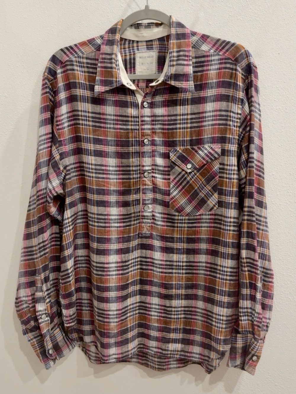 Billy Reid Linen Plaid Shirt M Pearl Snap Western